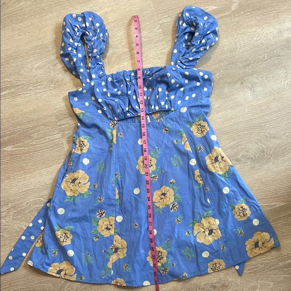 Free People Blue Polka Dot & Yellow Floral Mini Dress size Large - Picture 5 of 6